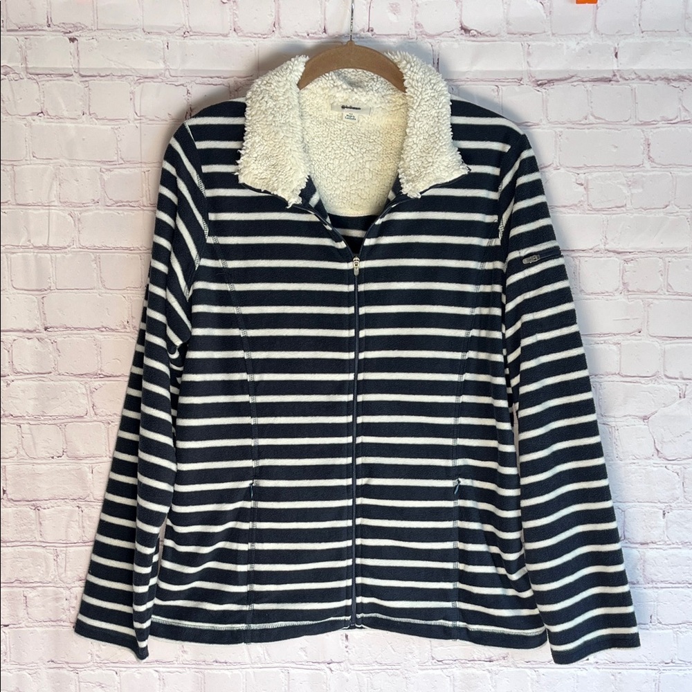 L.L. Bean Navy and White Striped Fleece with Sherpa Collar Woman’s Size‎ Medium
